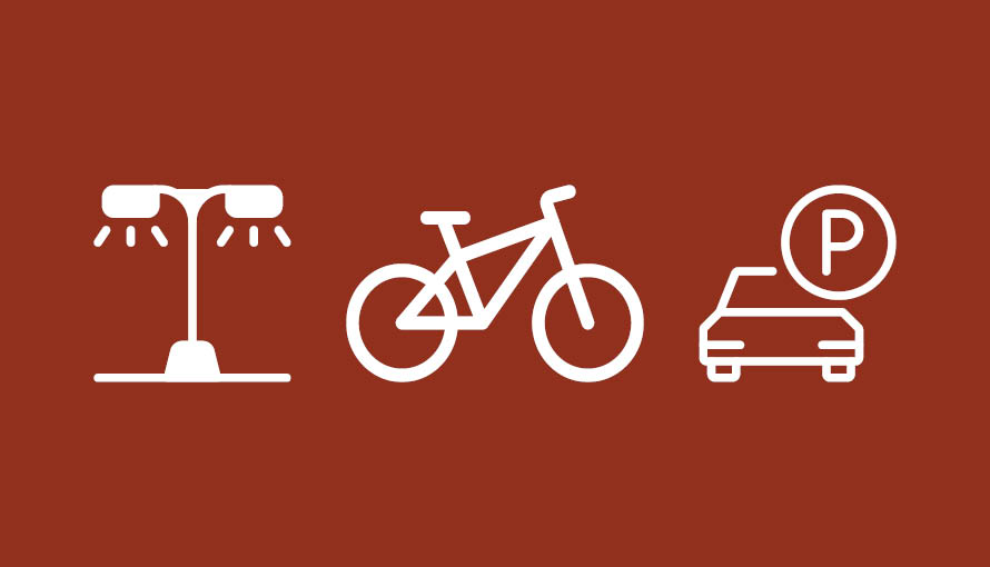 ikoner som föreställer gatubelysning, en cykel och en bil med en parkeringsskylt