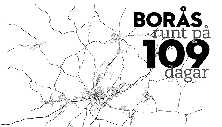 Symbol för Borås runt på 109 dagar. Vägnät med text som säger "Borås runt på 109 dagar"