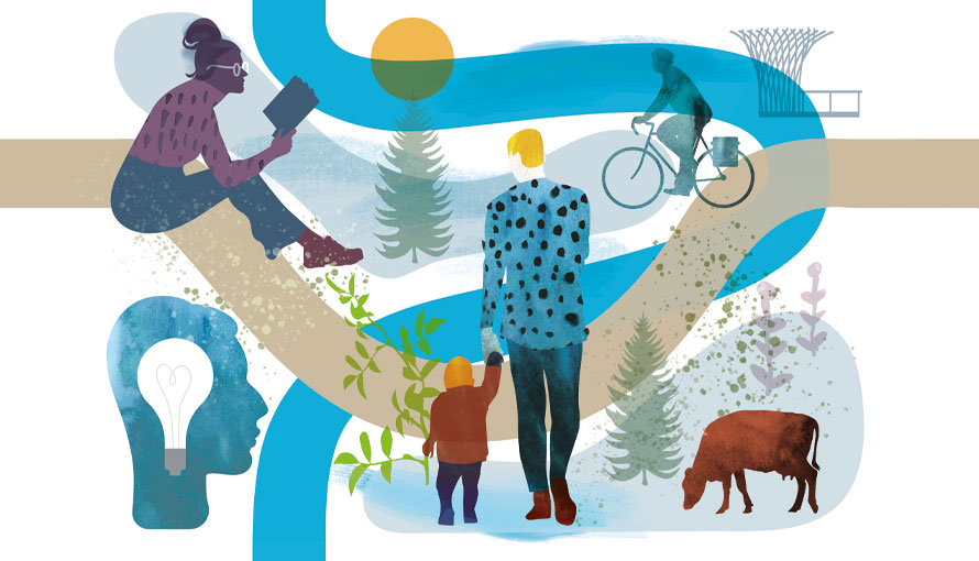 Illustration av personer, djur och miljö i Borås