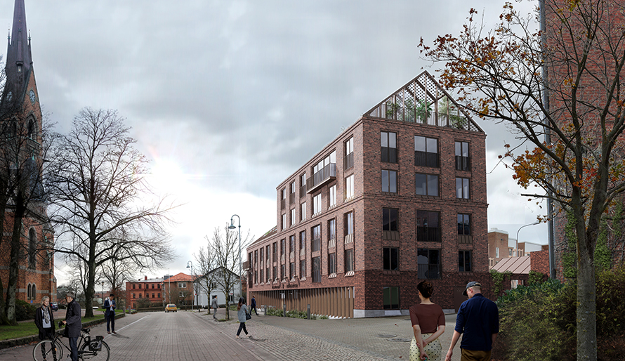 Visionsbild av nytt flerbostadshus på Lugnet i Borås.
