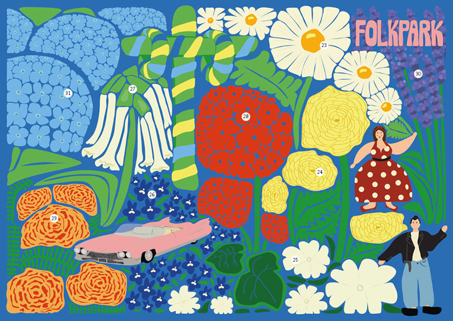 Illustration av blomsterkomposition med tema folkpark