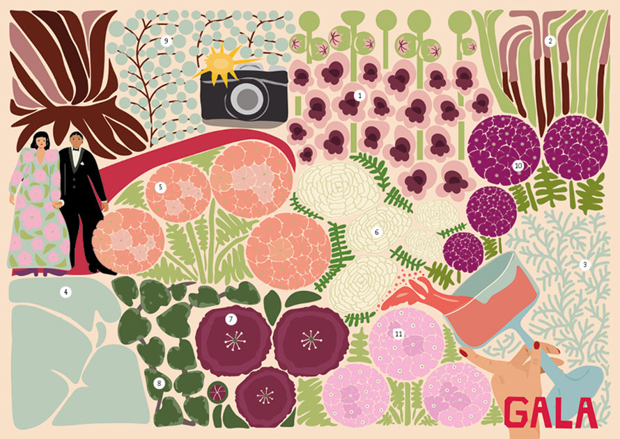 Illustration av blomsterkomposition med tema gala