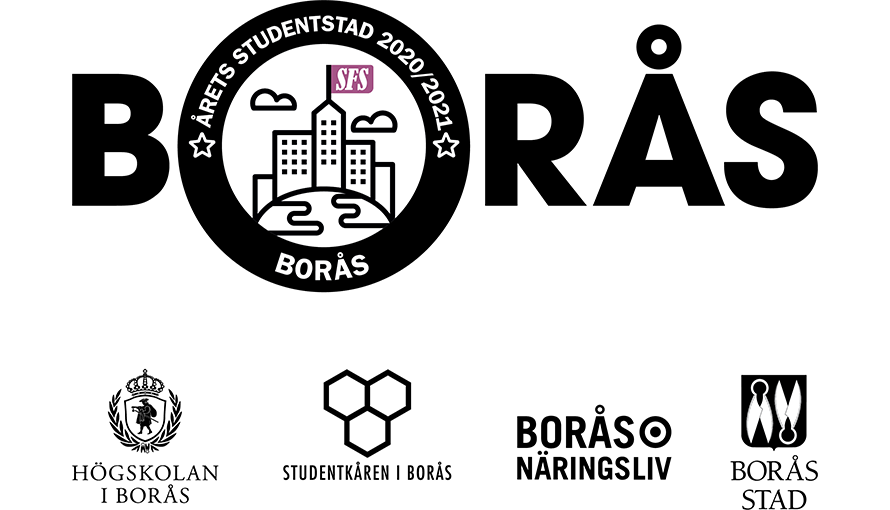 Logotypen för Årets studentstad Borås samt de aktörer som ingår: högskolan, studentkåren, Borås Näringsliv och Borås Stad. 