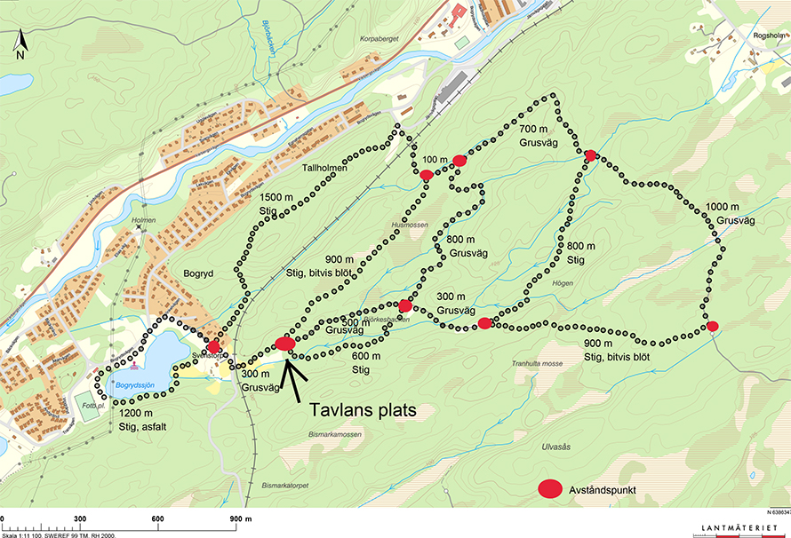 Karta över promenadstigar i Bogryd och Svaneholm