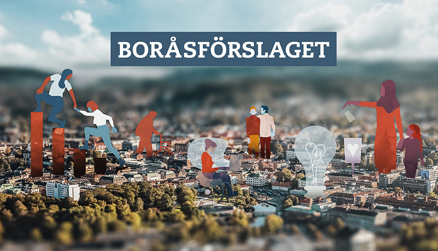 Vy över Borås med människor olika åldrar i forma av illustrationer inklippta i bilden. Text: Boråsförslaget.  
