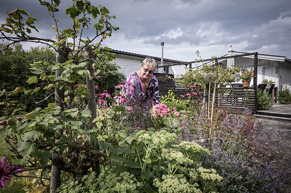 Ann-Marie Hagström tittar på blommor i sin trädgård.