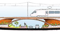 Illustration av ett tåg som går på en bro över en väg