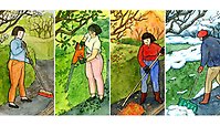 Fyra olika illustrationer av kvinna som sopar, klipper, krattar och skottar.