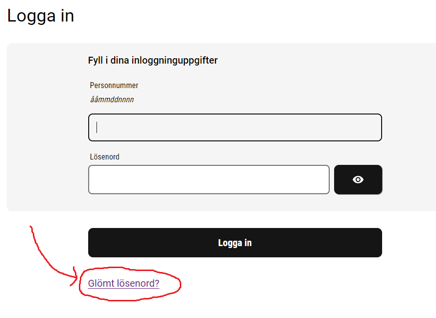 Skärmdump som visar inloggningssida för lösenordsbyte