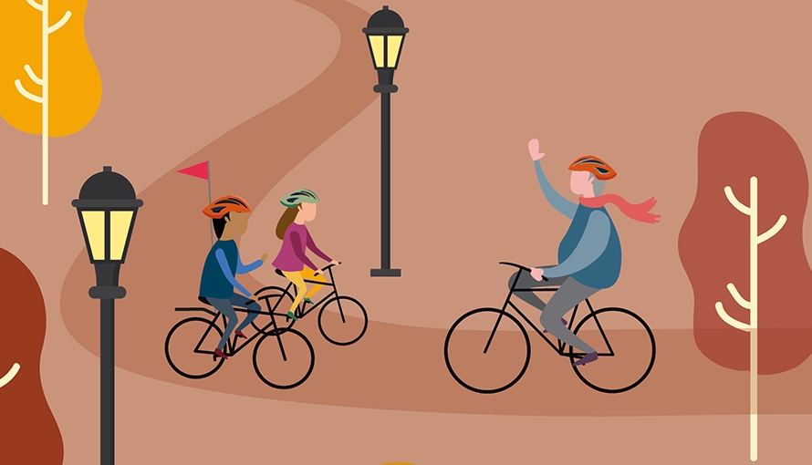 Illustration av en äldre man som cyklar och möter två barncyklister i en höstmiljö
