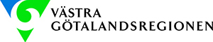 Logotyp för Västragötalandsregionen. Blå och grön triangel med svart text. 