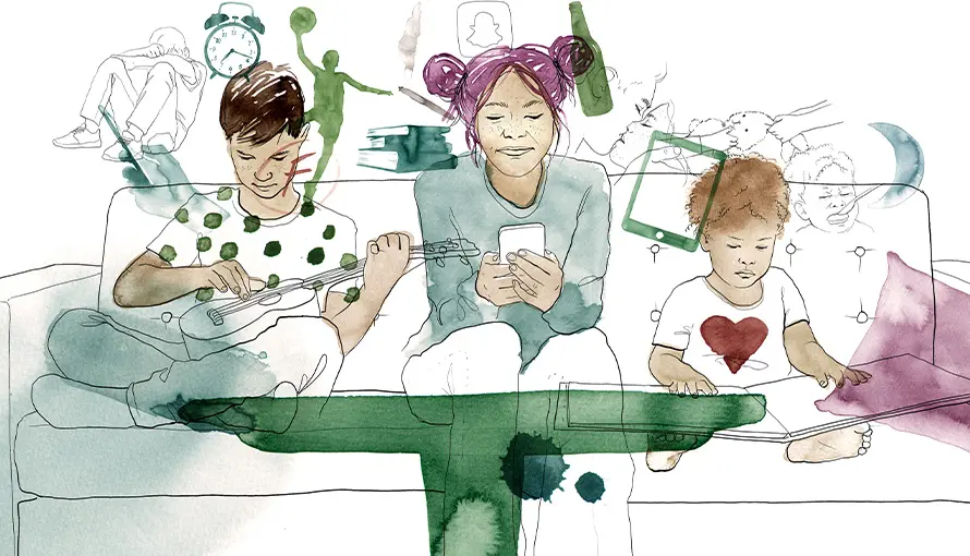Illustration på barn som sitter i soffa och spelar instrument och håller i telefon