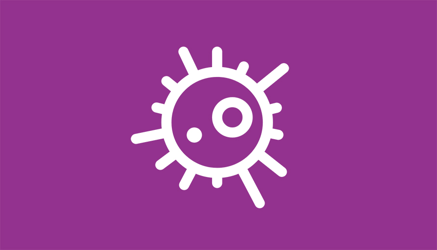 Symbol för Coronaviruset. Vit symbol på lila bakgrund