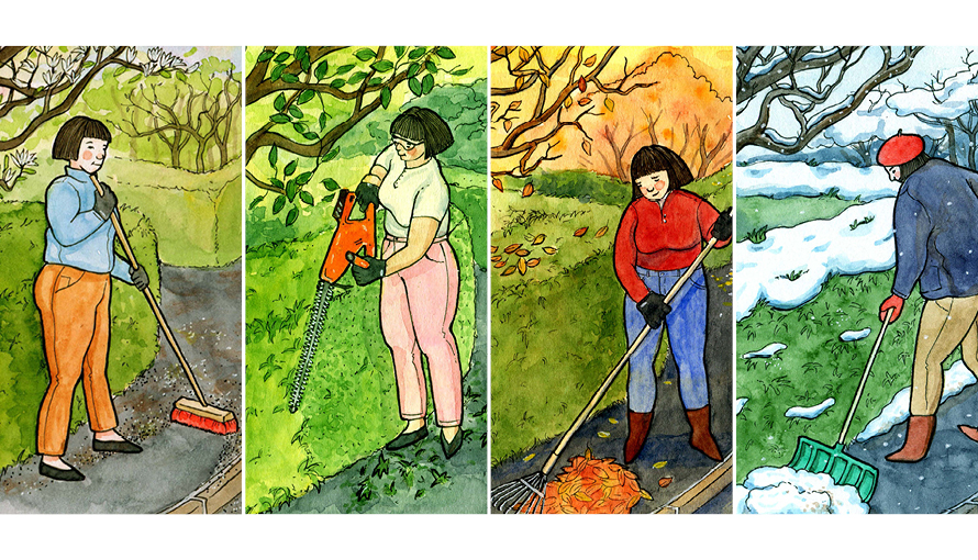 Fyra olika illustrationer av kvinna som sopar, klipper, krattar och skottar.