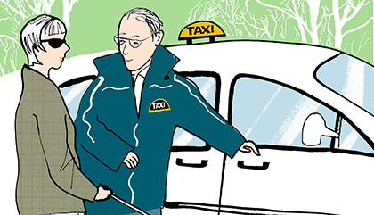 illustration av synskadad kvinna och taxichaufför