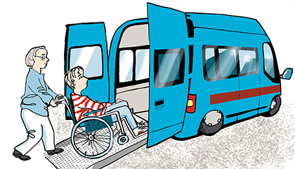 illustration av person i rullstol som körs in i buss