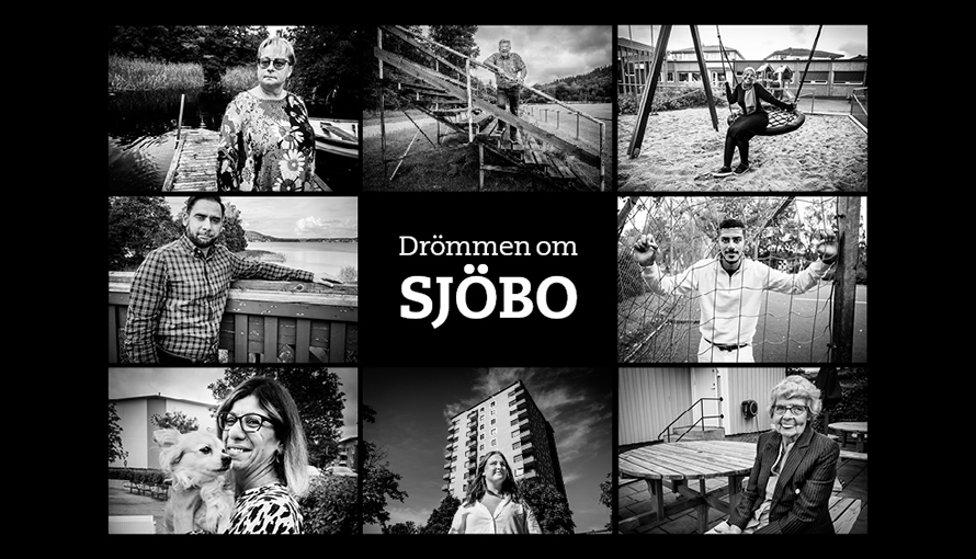 Ett kollage med bilder på personer från utställningen Drömmen om Sjöbo