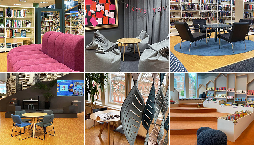 Collage med interiörbilder fån Borås Stadsbibliotek