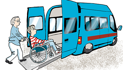 Illustration föreställande person i rullstol som blir hjälpt in i en buss