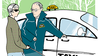 illustration av taxichaufför som hjälper en synskadad person in i bilen