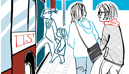 illustration av två kvinnor som går mot en buss