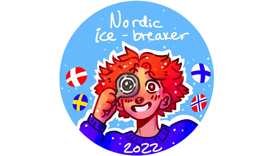 Ungdom som håller ett förstoringsglas mot ena ögat med texten Nordic Ice-Breaker 2022. Samt småbubblor med respektive vänorts flagga, Sverige, Norge, Finland och Danmark.