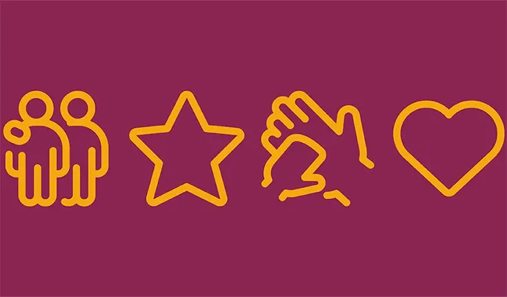 Ikoner av människor, ett hjärta, en stjärna och två händer som håller hand
