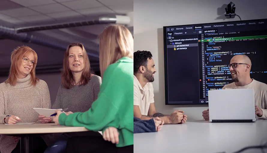 Till vänster diskuterar tre personer. Till höger sitter två personer framför en skärm med kod.