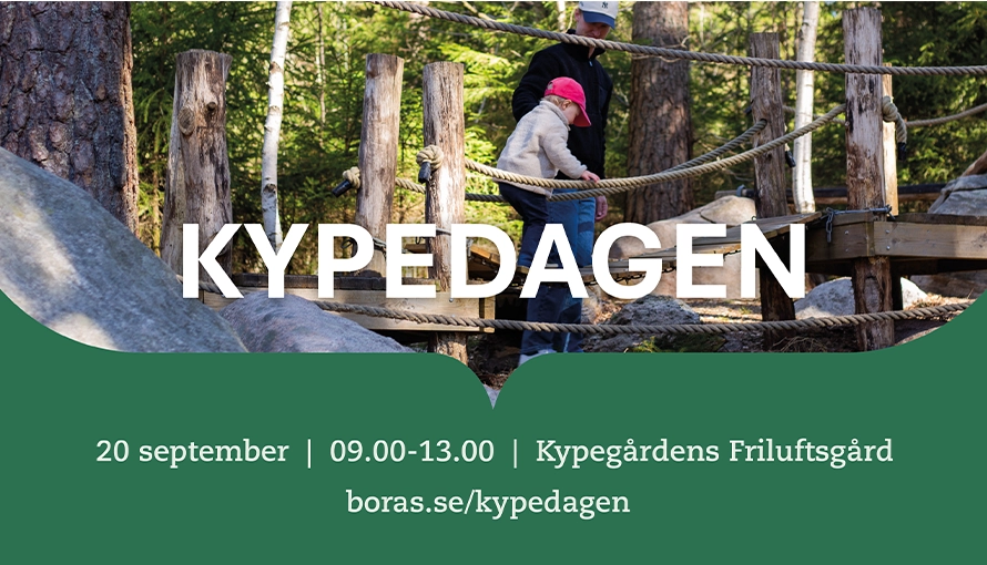Grönbakgrund med text KYPEDAGEN och foton som visar Kypegården, och sjön