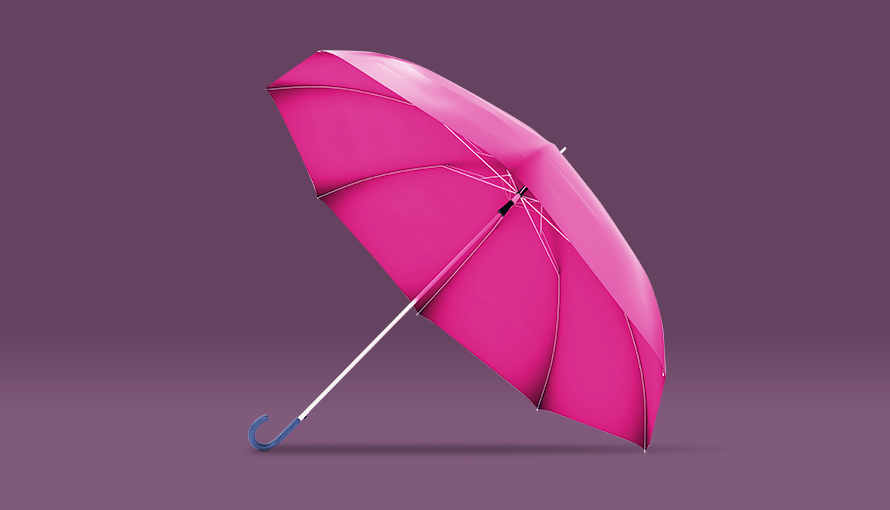 Ett uppfällt rosa paraply mot en lila bakgrund. 