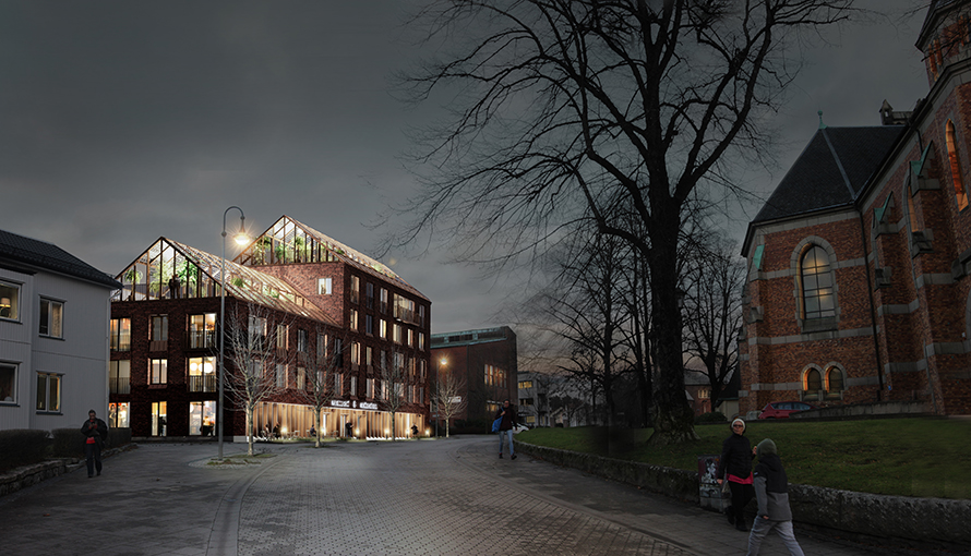 Visionsbild av nytt flerbostadshus på Lugnet i Borås.