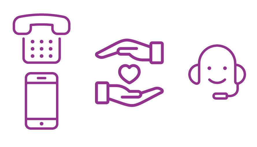 Ikoner: telefoner, händer som vårdar ett hjärta och en person som pratar i  headset.