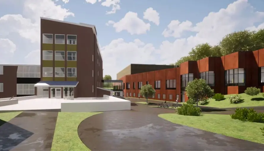 Visionsbild av hur särlsa skolans nya utbyggnad kommer se ut.