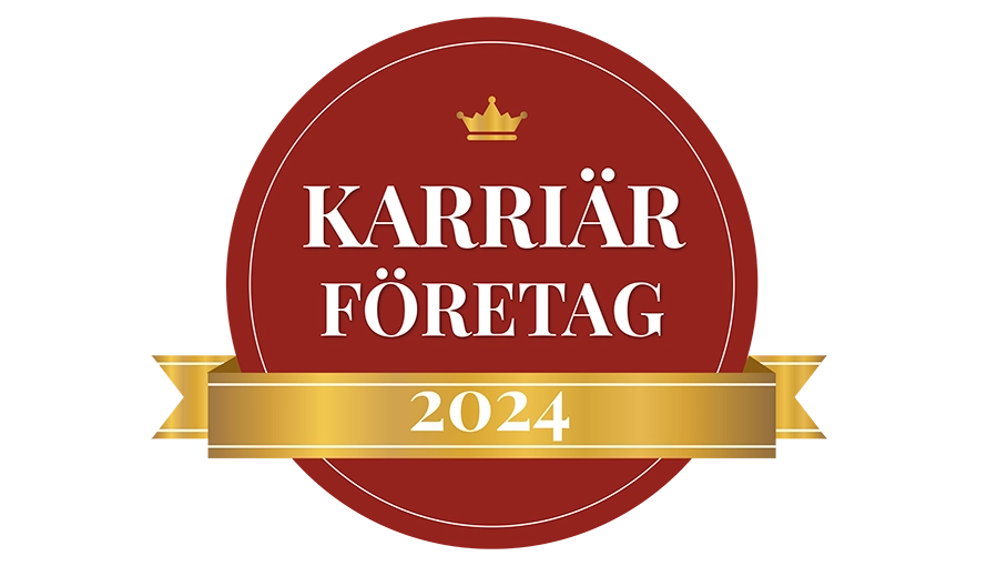 Karriärföretagets emblem rund röd cirkel med texten 2024 och en guldfärgad krona. 