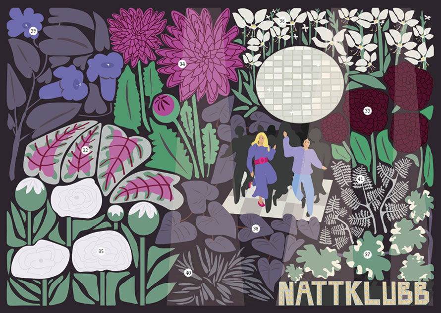 Illustration av blomsterkomposition med tema nattklubb