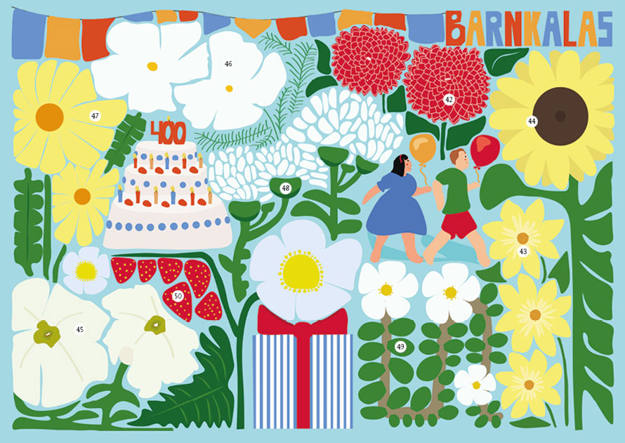Illustration av blomsterkomposition med tema barnkalas