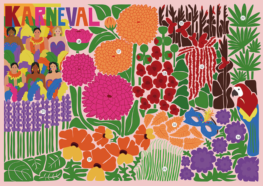 Illustration av blomsterkomposition med tema karneval