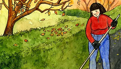 Illustration av kvinna som krattar löv