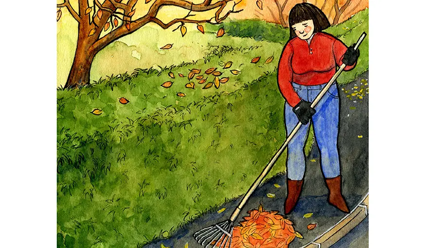 Illustration över kvinna som krattar löv