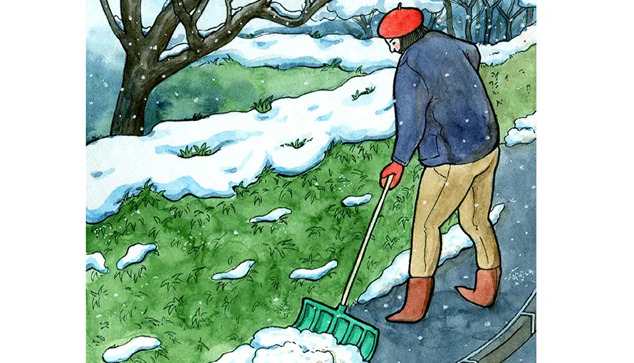 Illustration av kvinna som skottar snö
