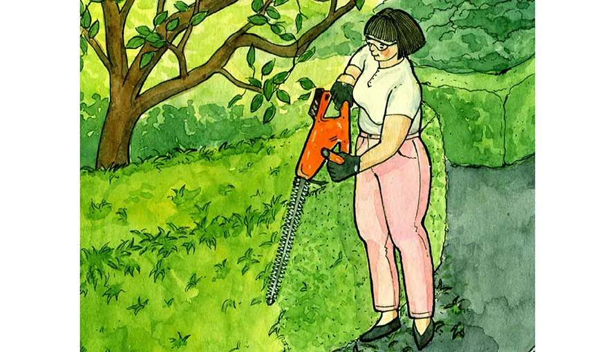 Illustration av kvinna som klipper häcken