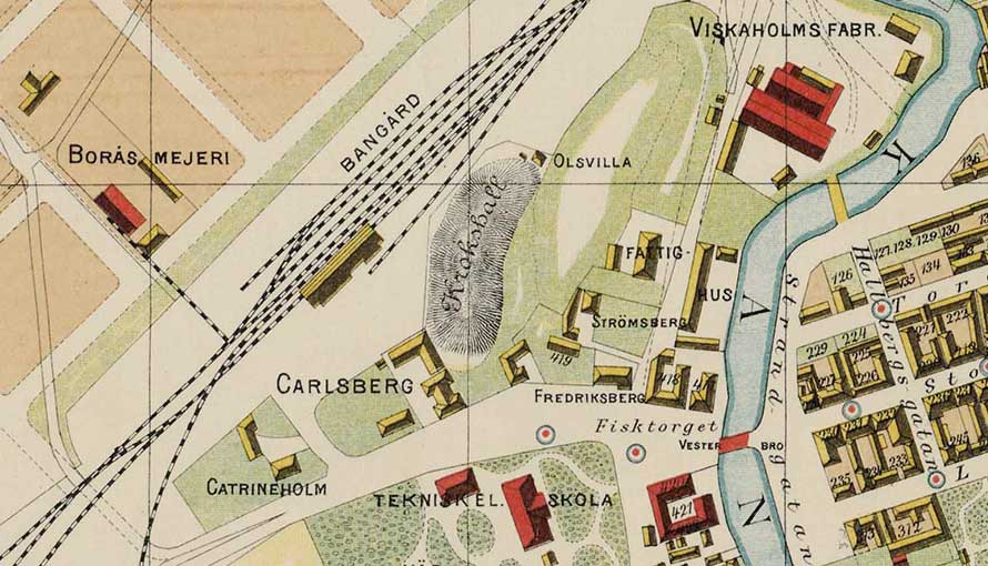 Stadskarta över Borås från 1887 med Krokshallsberget i mitten.