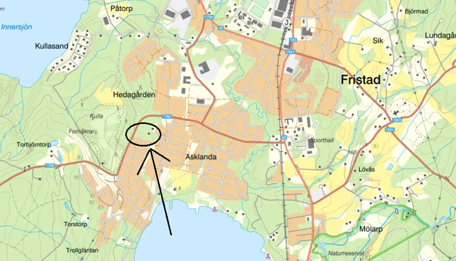 Karta över området Asklanda i Fristad där Hagtornsvägen ligger. 