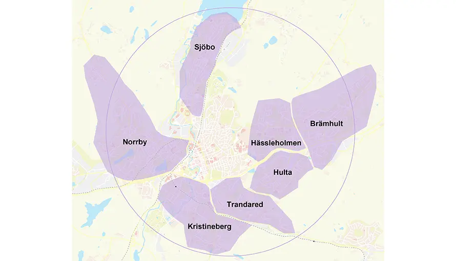 Karta med markering av områdesnätverkets delar.