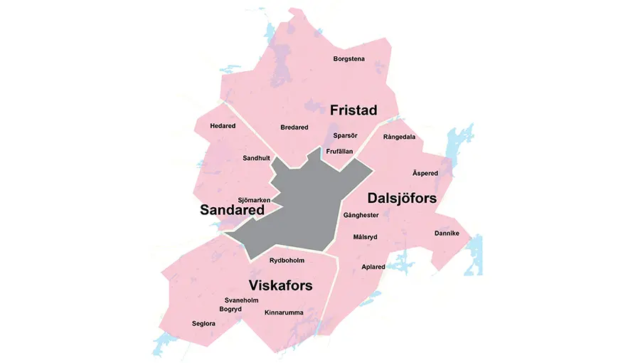 Karta över Borås med omkringliggande serviceorter.