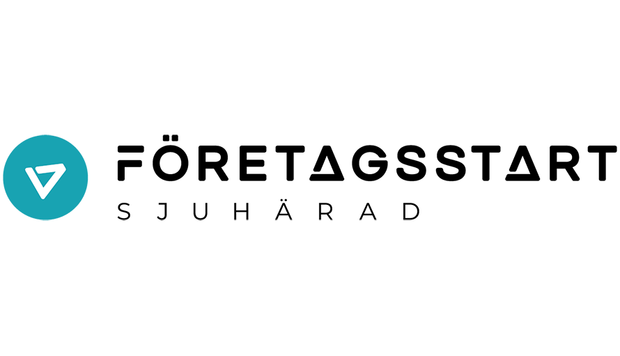Logotyp med text Företagsstart Sjuhärad. En turkos och vit pil som symbol. 