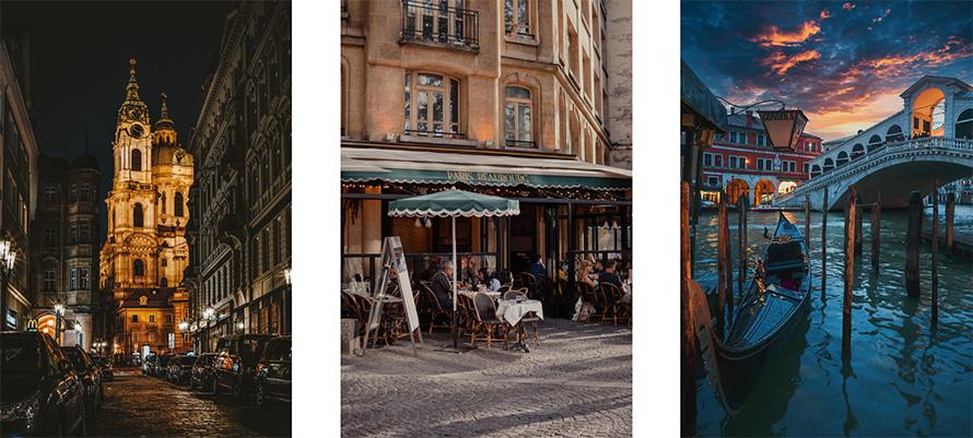 Tre bilder på städer, varav en stadsbild, en på ett café och en på broar över vatten. 