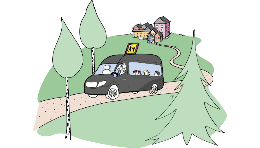 Illustration av skolbuss som kör från ett hus på en skogsväg