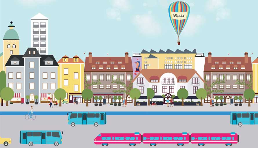 Illustrerad bild över Borås med byggnader och en luftballong.