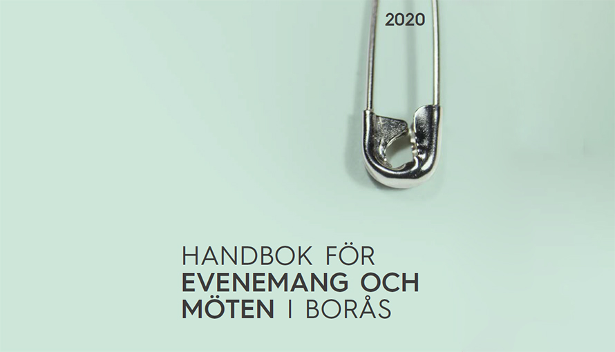 Bild med en säkerhetsnål samt texten Handbok för säkra evenemang och möten i Borås
